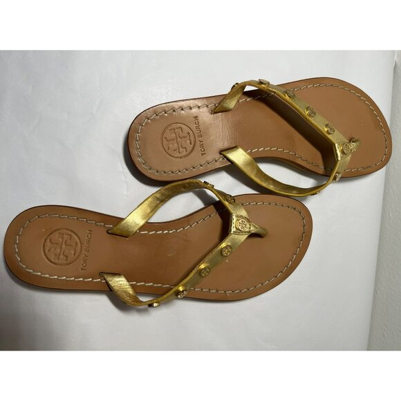 Tory‎ Burch Ricki Logo Studded Gold Leather Flat Thong Flip Flops Sandals Size 6 - Picture 10 of 10